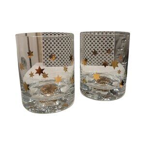 Vintage MCM Culver Gold Star Patterned Lowball Glasses